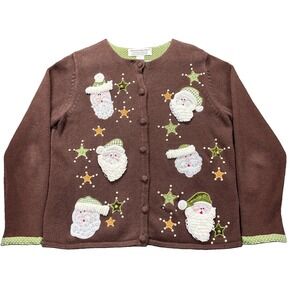 Heirloom Collectibles Cardigan Sweater Women XL Brown Santa Christmas Holiday